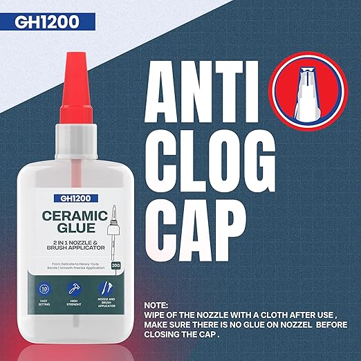 GH1200 Ceramic Glue Repair with Brush Applicator & Nozzle (20 g), Waterproof, Clear, Smooth. Fast Drying, Ceramic Glue for Pottery, Dishes, Mugs & More-DeskLoop Office