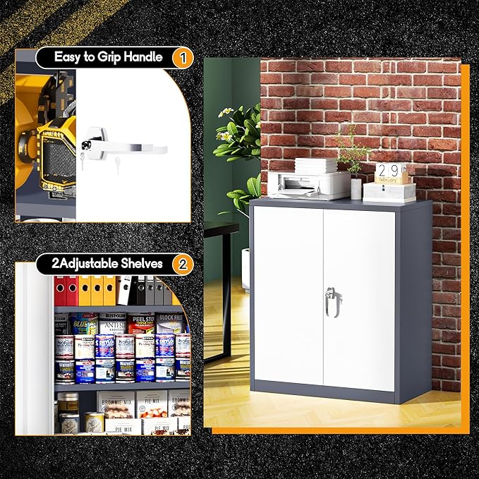 Greenvelly Metal Garage Storage Cabinet, Lockable Metal Cabinets with 2 Doors and Shelves,36”Steel Storage Locking Counter Cabinet for Office,Garage,Kitchen,Home,School(Grey White)-DeskLoop Office