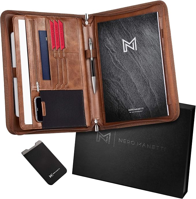 NERO MANETTI- Zippered Vegan Leather Padfolio/Portfolio Pad Holder-Business PU - Image 9