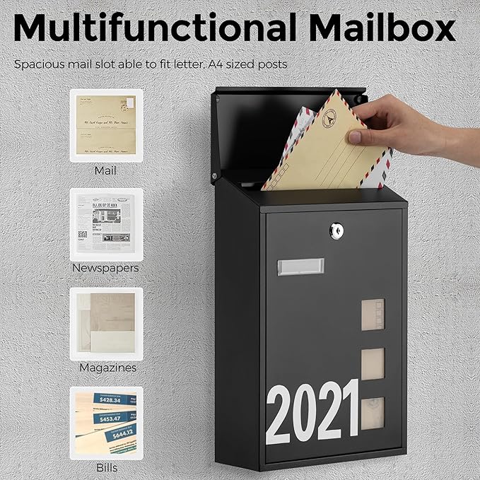 LAND·VOI Wall Mounted Mailbox with 4 Keys, Post Box for Wall and Fence, Viewing Windows, Nameplate, 3.94 x 9.8 x 15.6 Inches, Large Capacity, Includes Mailbox Numbers, Matt Black, AMB31B-DeskLoop Office