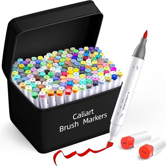 Caliart 168 Colors Brush & Chisel Alcohol Markers for Adult Coloring Book, Dual Tip Artist Sketch Art Markers, Aesthetic Cute Preppy Stuff School Supplies, Pens for Lettering Drawing Cards Planner-DeskLoop Office