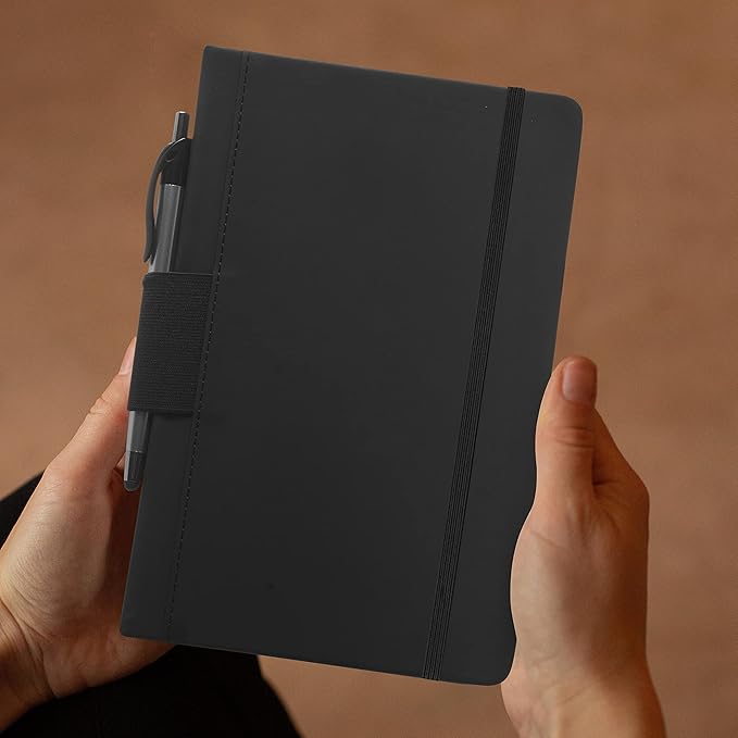 DISCOUNT PROMOS 10 Executive Notebooks with Pen Pack - 6 x 8.5 inches, Recycled, Pen Loop, Closure Strap - Black-DeskLoop Office