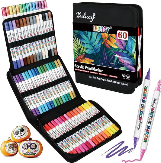 60 Colors Dual Tip Acrylic Paint Markers Set, Contain 16 Metallic Fine Tip and by IKDUCY