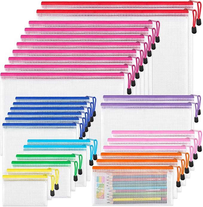 JARLINK 30 Pack 8 Sizes Mesh Pouch, 9 Colors, Waterproof Zipper File Bags by JARLINK