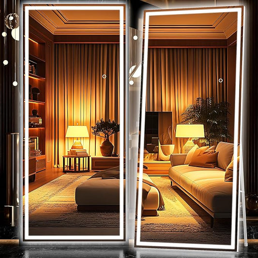 Hasipu Full Length Mirror with Lights, 79" x 36" LED Lighted Floor Standing Mirror, Full Body Dressing Hanging Mounted Mirrors, Dimmable, Tempered Glass, Safe to Use, Square White-DeskLoop Office