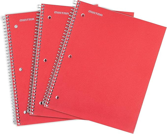 Mintra Office Durable Spiral Notebooks, 1 Subject, (Red, College Ruled 3 Pack), 100 Sheets, Poly Pocket, Moisture Resistant Cover, School, Office, Business, Professional