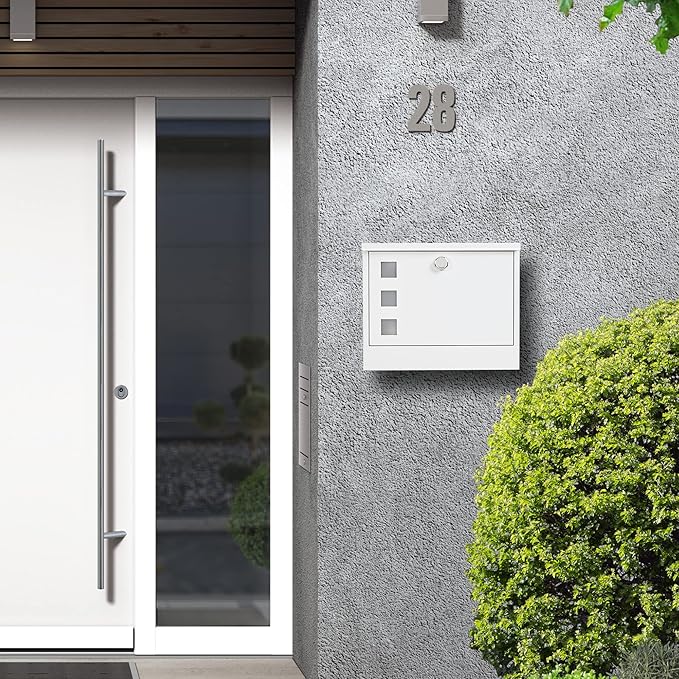 LAND·VOI Locking Mailbox Wall Mounted, Metal Postbox with Three Sets of Mail Box Number Stickers, 4 Keys, 14.4" x 4.5" x 11.2", Large Capacity, Textured White, AMB11W-DeskLoop Office