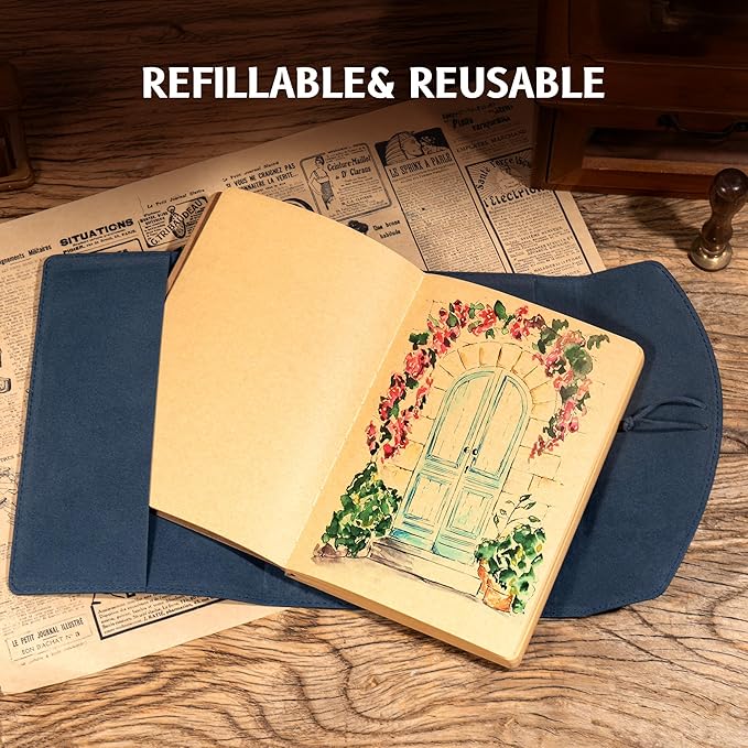 Vintage Leather Journal for Women Men, Junk Journal Notebook Soft Cover, Book of Shadows Journals for Travel Diary Scrapbook Sketchbook Journaling Writing, Blue-DeskLoop Office