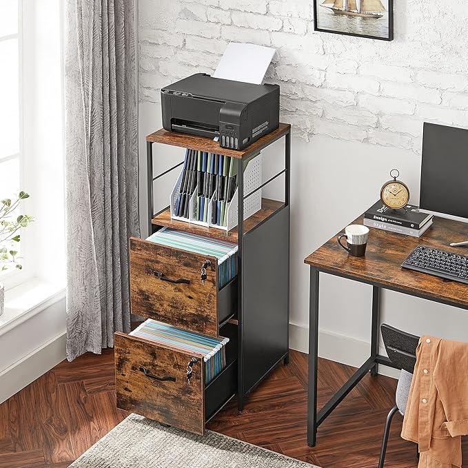 VASAGLE File Cabinet for Home Office, 2-Drawer Filing Cabinet with Lock, Open Shelf, Printer Stand, for A4 and Letter Sized Files, Adjustable Feet, Industrial, Rustic Brown and Ink Black UOFC045B01-DeskLoop Office