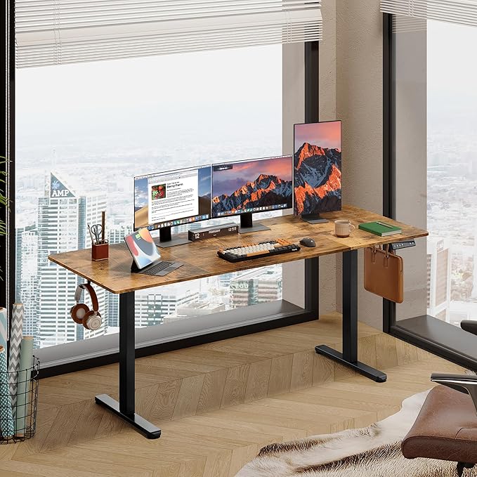 DEVAISE 71 Inch Electric Standing Desk, 3 Adjustable Height Stand up Desk for Home Office, Ergonomic Sit to Stand Desk with LED Touchscreen, Hook, 3 Memory Preset Computer Desk (Rustic Brown)-DeskLoop Office