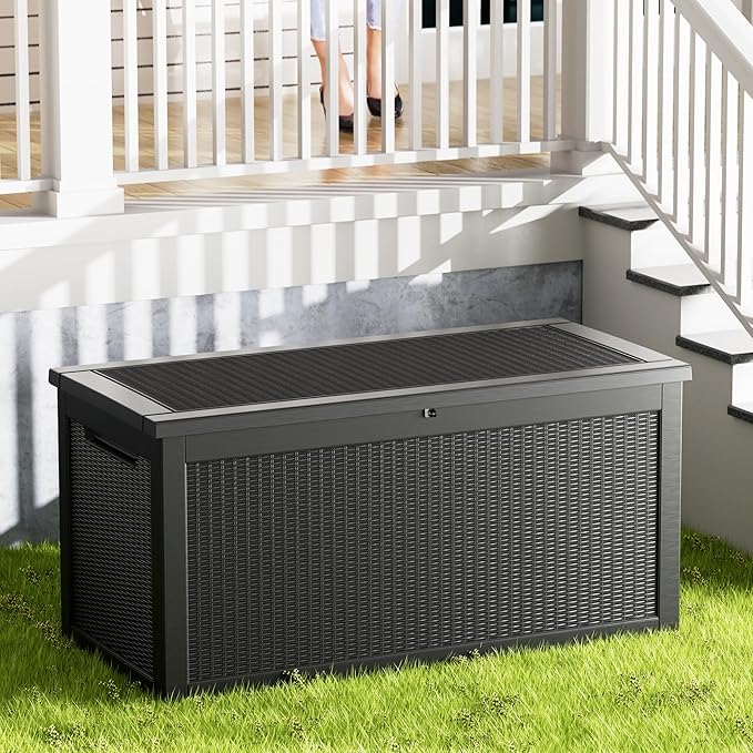 320 Gallon Resin Deck Box, Waterproof Outdoor Storage Bin for Patio Furniture, Pool Accessories, and Garden Tools, Lockable & UV-Resistant, Black-DeskLoop Office