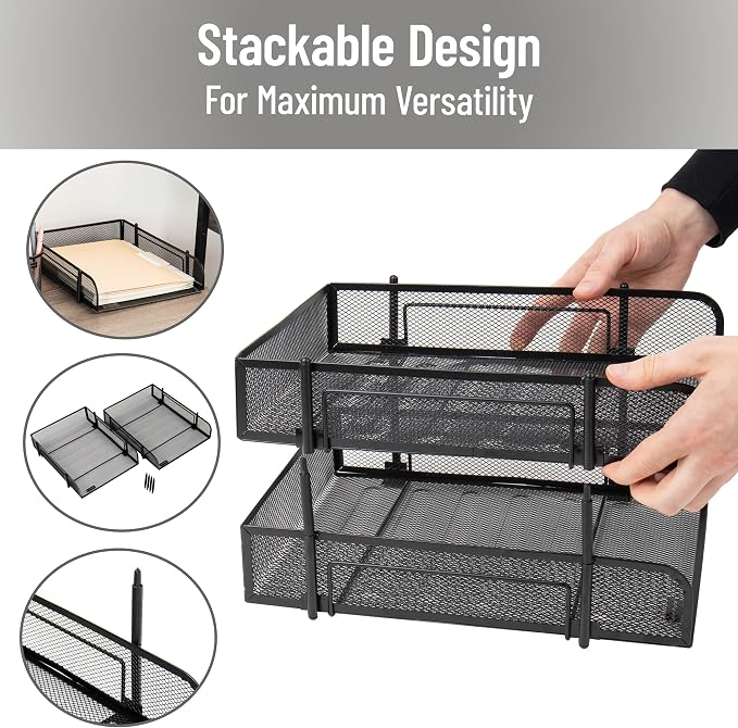 Mind Reader Stackable Paper Tray, Desktop Organizer, File Storage, Metal Mesh - Image 4