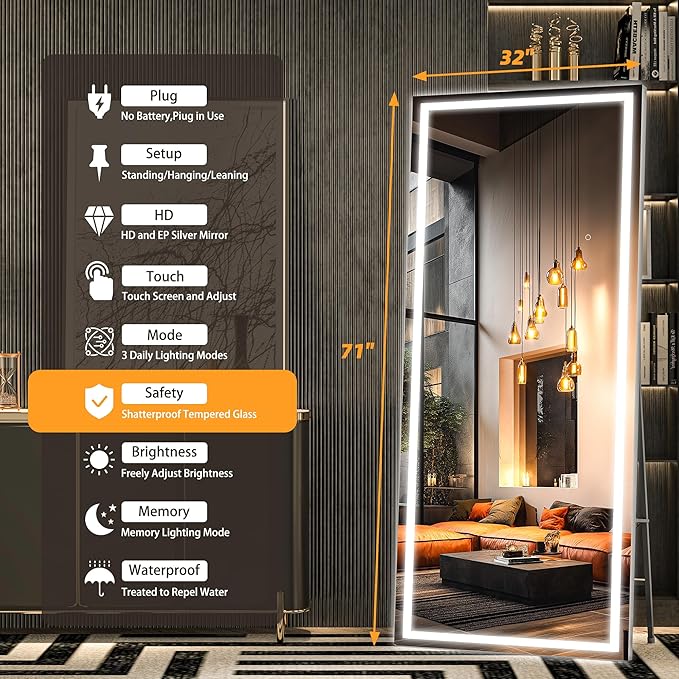 Hasipu Full Length Mirror with Lights, 71" x 32" LED Lighted Floor Standing, Full Body Dressing Hanging Mounted Mirror, Dimmable, Tempered Glass, Safe to Use, Square Black-DeskLoop Office