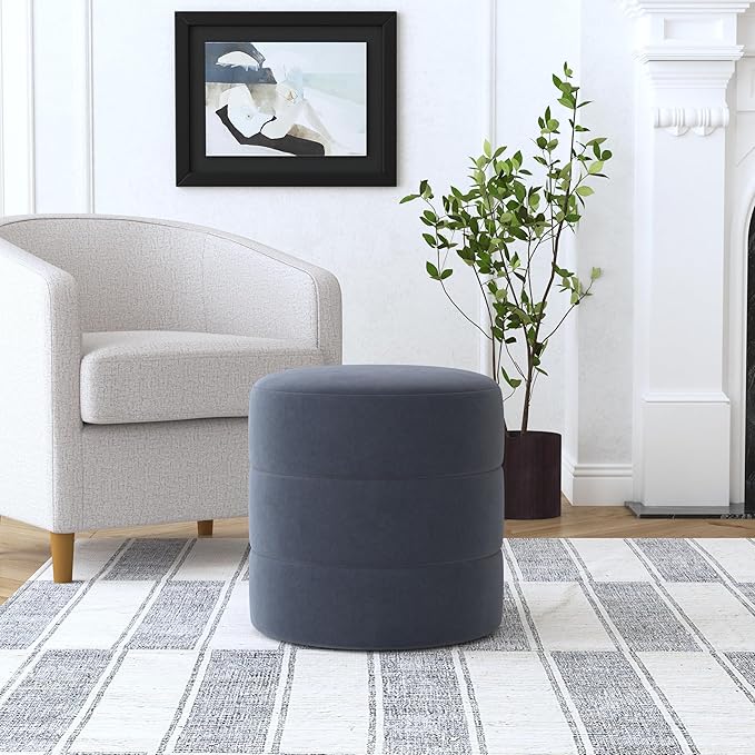 HomePop Upholstered Round Ottoman Home Décor|Foot Rest Ottoman - Steel Blue Velvet-DeskLoop Office