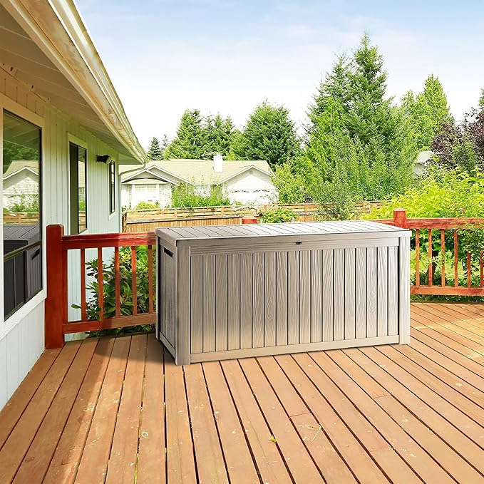 270 Gallon Lockable Resin Deck Box, Waterproof & UV-Resistant Outdoor Storage Box for Outdoor Cushion Storage, Garden Tools & Pool Accessories Storage, Gray-DeskLoop Office