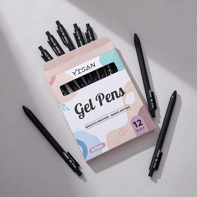 YISAN Black Gel Pens, 12 Pack, 0.7mm Bullet Tip | Retractable, Fast Dry - Image 6