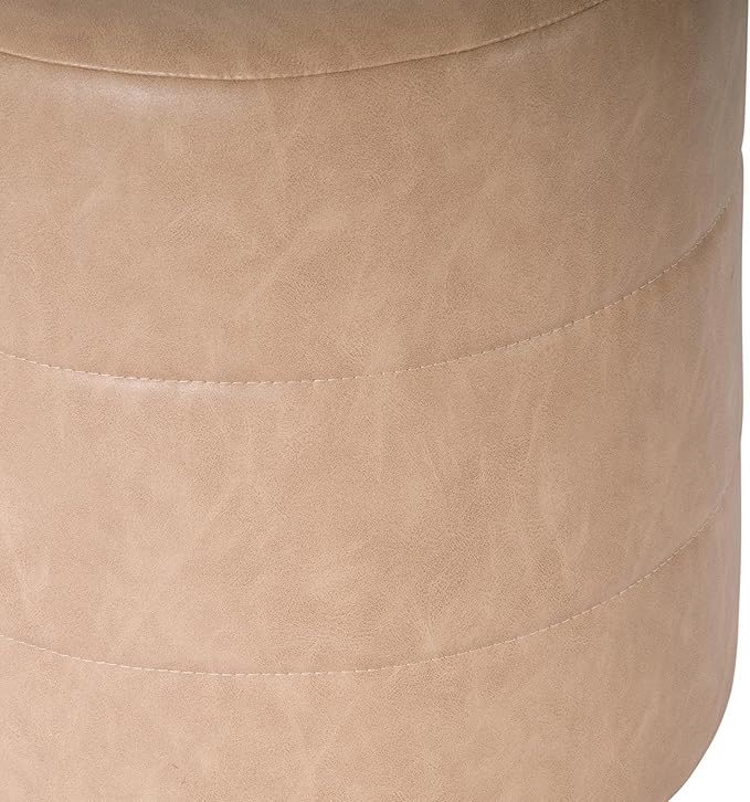 HomePop Upholstered Faux Leather Round Ottoman Home Décor|Foot Rest Ottoman- Sand Faux Leather-DeskLoop Office