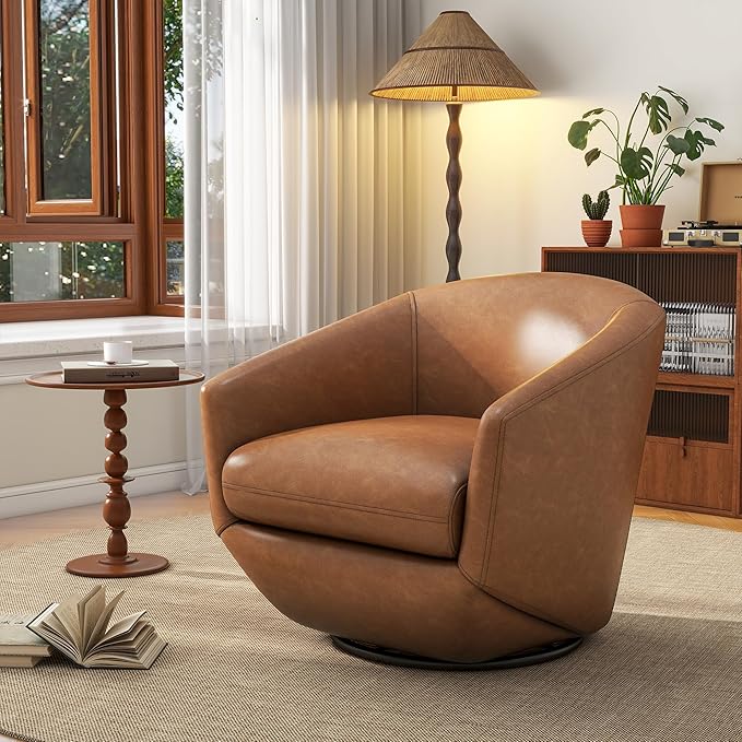 UIXE 360° Swivel Barrel Accent Chair, PU Leather Upholstered Club Armchair for Living Room, Modern Round Arm Chair Single Sofa Bedroom Reading Seating (Brown)-DeskLoop Office