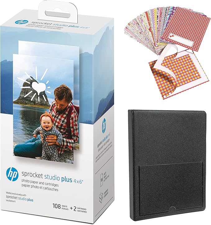 HP Sprocket Studio Plus 4 x 6” Photo Paper and Cartridges Starter Bundle: Includes 108 Sheets and 2 Cartridges, Sticker Frames, Photo Album-DeskLoop Office