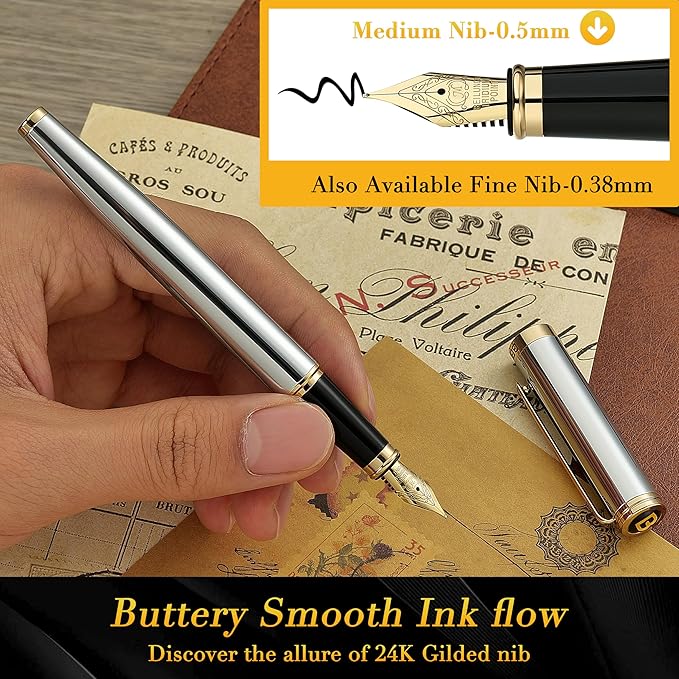 BEILUNER Silver Chrome Fountain Pen,Stunning Luxury Pens with 24K Gold Accents, Gorgeous 24K Gilded Nib(Medium), Ink Converter,Fancy Pen Gift for Men&Women-Elegant, Office, Executive,Nice for Writing-DeskLoop Office
