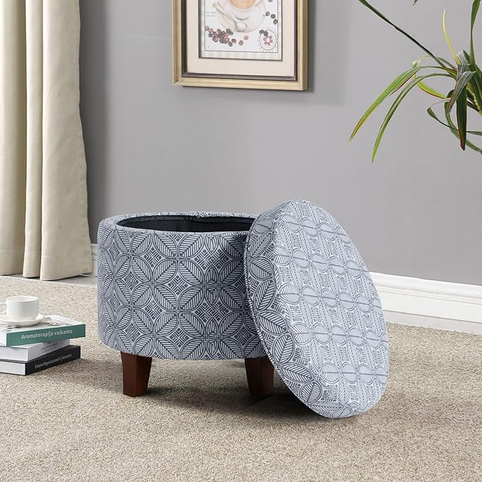 HomePop Upholstered Round Storage Ottoman|Homepop Home Décor|Upholstered Round Foot Rest Ottoman -Blue Indigo Print-DeskLoop Office