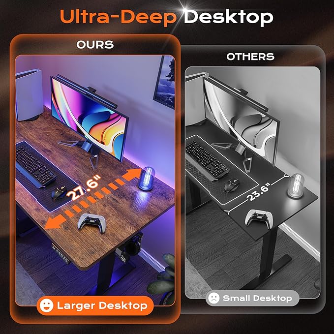 Huuger 48 x 28 Large Electric Standing Desk, Height Adjustable Desk, 27.6" Deep Desktop, Stand up Gaming, 2 Hooks, 3 Preset Heights, for Home Office, Rustic Brown-DeskLoop Office