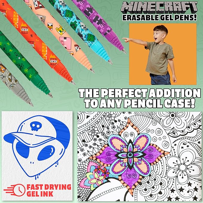 Minecraft Erasable Gel Pens Set, Colored Pens with Erasers Pack of 6, School Supplies - Gifts for Boys-DeskLoop Office
