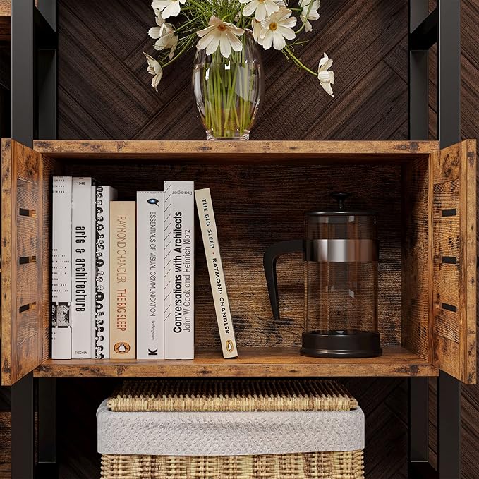IRONCK Industrial Bookshelf and Bookcase with 2 Louvered Doors 5 Tiers Triple Wide Display Shelf with Storage Cabinet for Living Room Home Office-DeskLoop Office