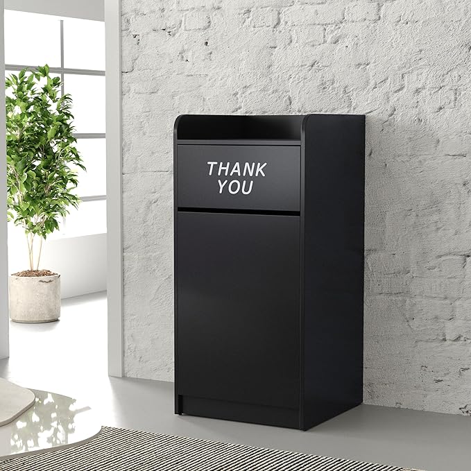 Flash Furniture Sony Laminate Wood Commercial-Grade Trash Receptacle with Tray Top, Wooden Restaurant Trash Can Cabinet and Garbage Receptacle, Black-DeskLoop Office
