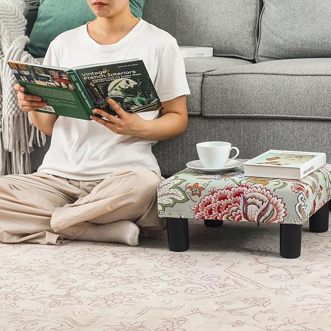 Joveco Small Foot Rest Stool Ottoman, 15" Fabric Square Footstool Upholstered Footrest for Chair, Under Desk, Office, Living Room, Boho Floral-DeskLoop Office
