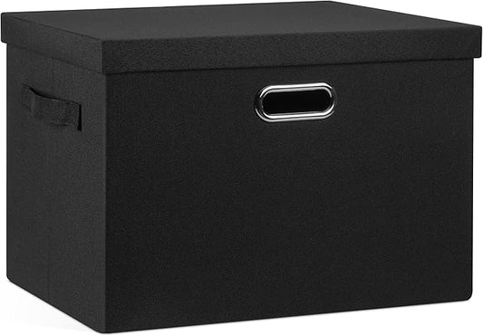 Large 17" 36 Quart Collapsible Stackable Storage Bins with Lids, 1 Pack Black Foldable Fabric Closet Storage Boxes with Lids, 4 Handles Heavy-duty Linen Cube Baskets for Bedroom-DeskLoop Office