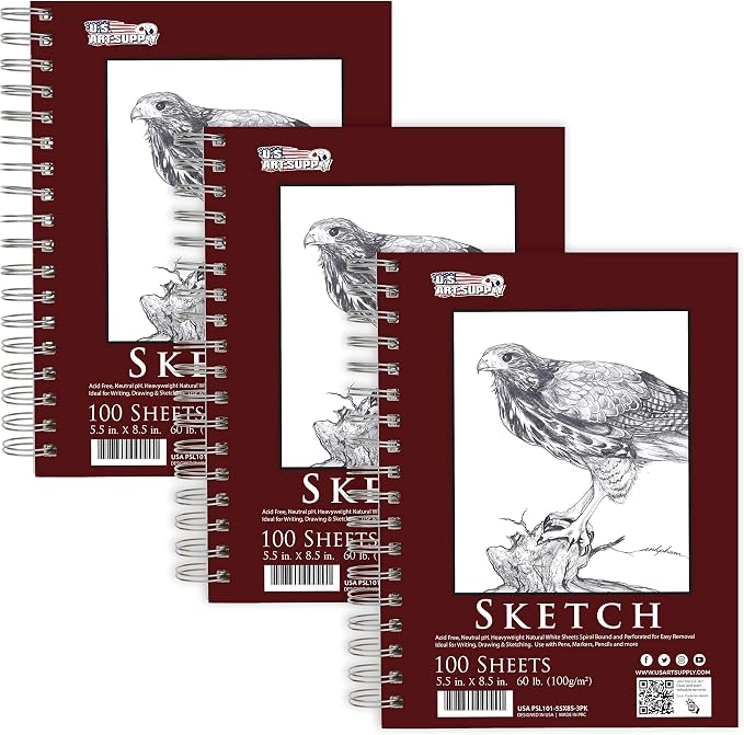 U.S. Art Supply 5.5"x8.5" Sketch Book Pad, 3 Pack, 60lb Spiral Bound by USArtSupply