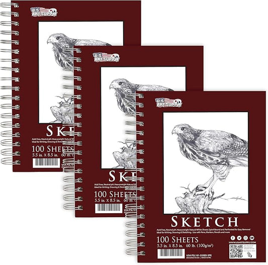 U.S. Art Supply 5.5"x8.5" Sketch Book Pad, 3 Pack, 60lb Spiral Bound by USArtSupply