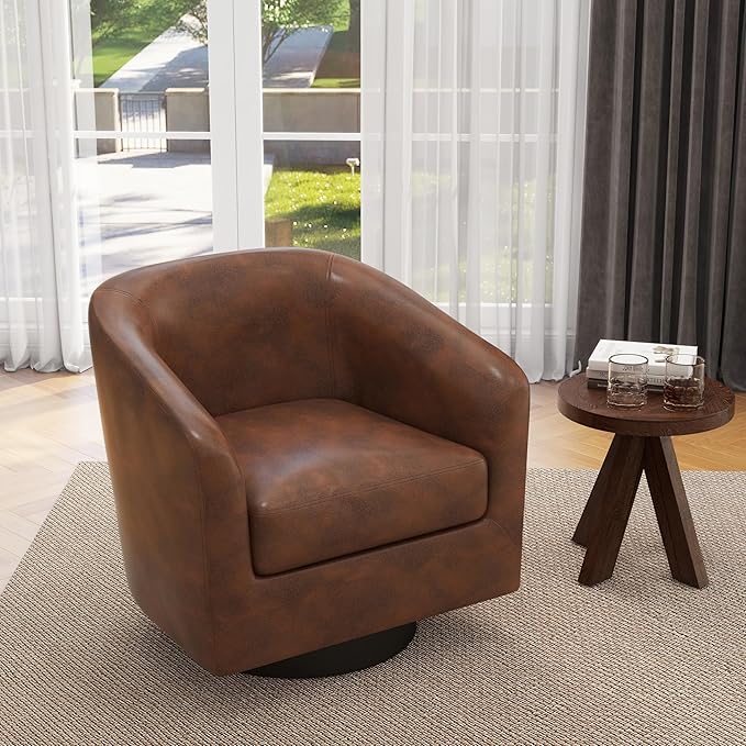 UIXE Faux Leather Swivel Accent Chair with Wood Base, Modern Upholstered Barrel Chairs for Living Room, Comfy Round Armchair Single Sofa Bedroom Reading Seat - 31" W, Coffee-DeskLoop Office