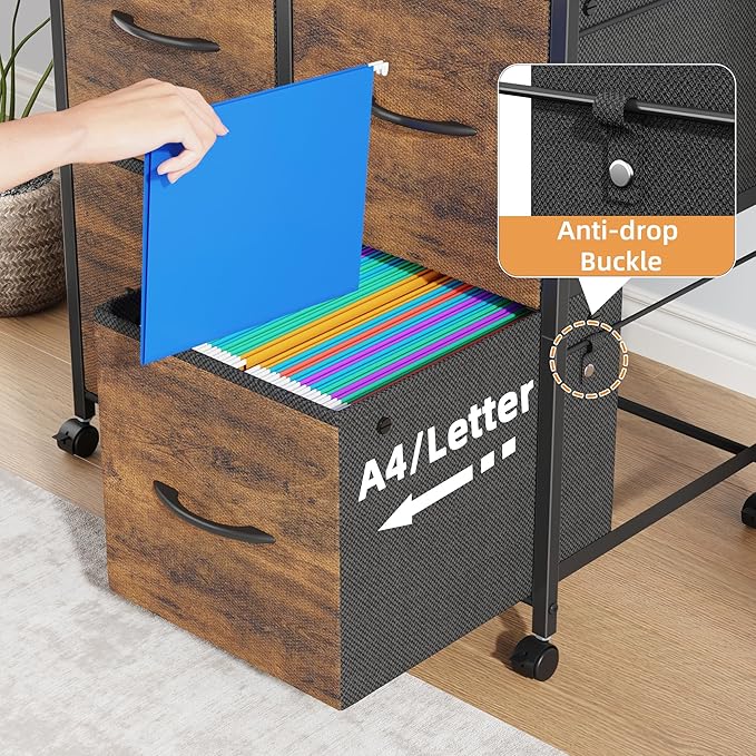 4 Drawer Lateral File Cabinet, Mobile Filing Cabinet for Large Printer, Home Office Functional Small Office Storage Cabinet & Printer Stand, Fabric Drawer, Fits Letter/A4, Rustic Brown-DeskLoop Office