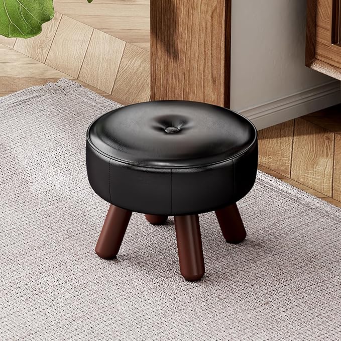 13in Small Foot Stool Ottoman, Round Faux Leather Foot Rest, Footstool Ottomans with Rubber Legs Under Desk, Footrest for Couch, Living Room, Bedroom, Office, 13''L x 13''W x 10.2''H, Black-DeskLoop Office