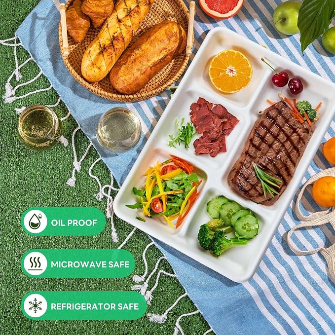 Gezond 100% Compostable 5 Compartment Plates 12.5 * 8.6 Inch, 100 Pack - Image 3