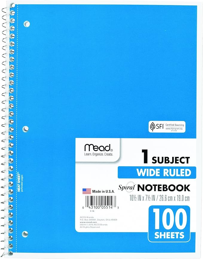 Mead Spiral Notebook, 1 Subject, Wide Ruled Paper, 100 Sheets, 10-1/2" x 8" - Image 3