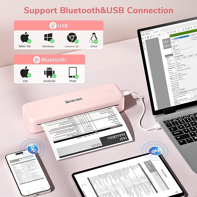 Phomemo Portable Printers Wireless for Travel Upgraded,M834 Bluetooth Thermal Printer 8.5" x 11"& A4 Size,Inkless Mobile Printer with Carry Case for Travel,Office,School,Car,Home,Pink-DeskLoop Office
