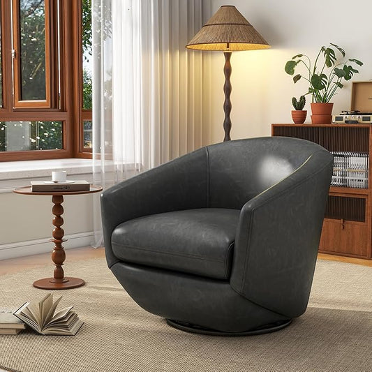 UIXE 360° Swivel Barrel Accent Chair, PU Leather Upholstered Club Armchair for Living Room, Modern Round Arm Chair Single Sofa Bedroom Reading Seating (Black)-DeskLoop Office