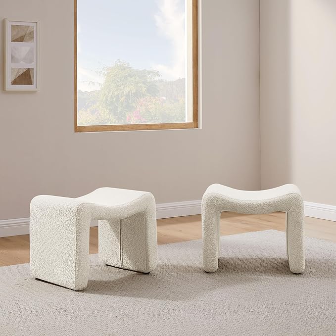 Modern Boucle Ottoman, Vanity Stool Chair, Foot Stool with Wooden Legs Sofa Bench Footstool Extra Seat for Vanity, Makeup Room, Living Room, Entryway, Set 2, White-DeskLoop Office