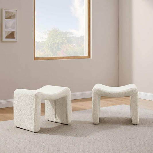 Modern Boucle Ottoman, Vanity Stool Chair, Foot Stool with Wooden Legs Sofa Bench Footstool Extra Seat for Vanity, Makeup Room, Living Room, Entryway, Set 2, White-DeskLoop Office