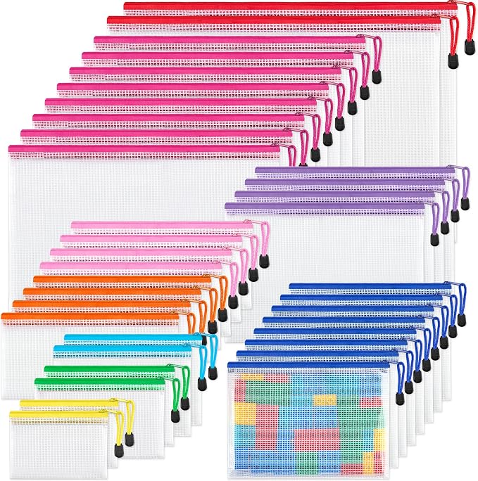 JARLINK 36 Pack 8 Sizes Mesh Pouch, 9 Colors, Waterproof Zipper File Bags by JARLINK