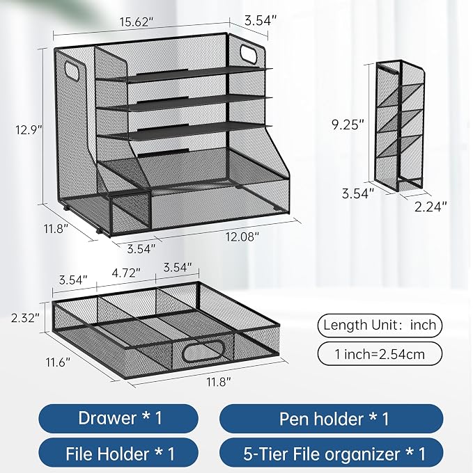 SUPEASY Desk Organizer with File Holder, 5-Tier Mesh Paper Letter Tray and 3 - Image 6