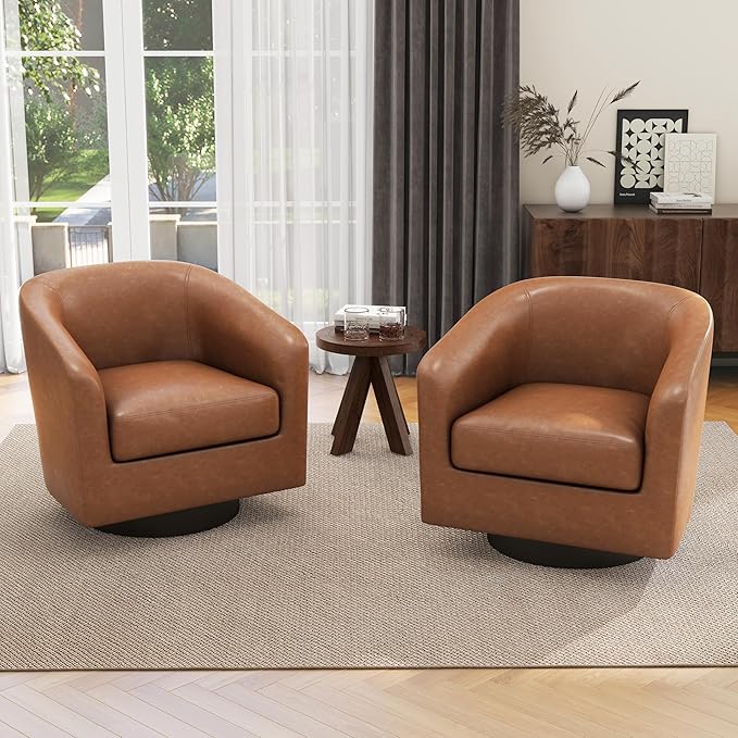 UIXE Faux Leather Swivel Accent Chairs Set of 2, Modern Upholstered Barrel Chairs for Living Room, Comfy Round Armchair Single Sofa Bedroom Reading Seat - 31" W, Brown-DeskLoop Office