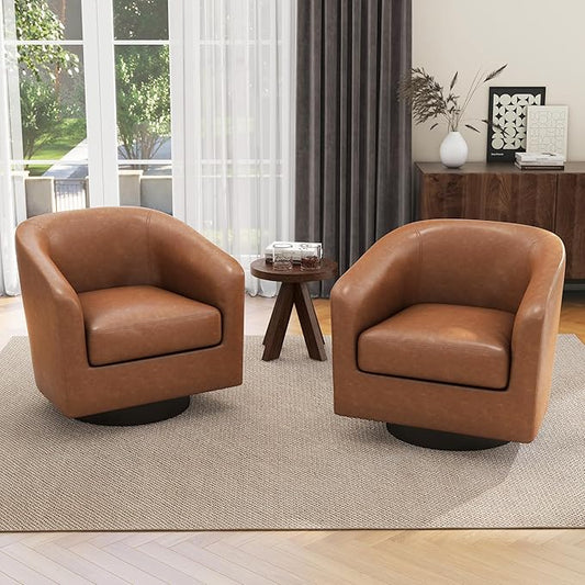 UIXE Faux Leather Swivel Accent Chairs Set of 2, Modern Upholstered Barrel Chairs for Living Room, Comfy Round Armchair Single Sofa Bedroom Reading Seat - 31" W, Brown-DeskLoop Office