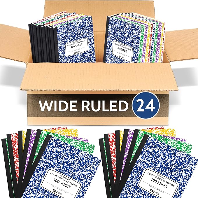 24 Pack - EPI Wide Ruled Composition Notebook Assorted Marble Colors - 200 Pages by EPI