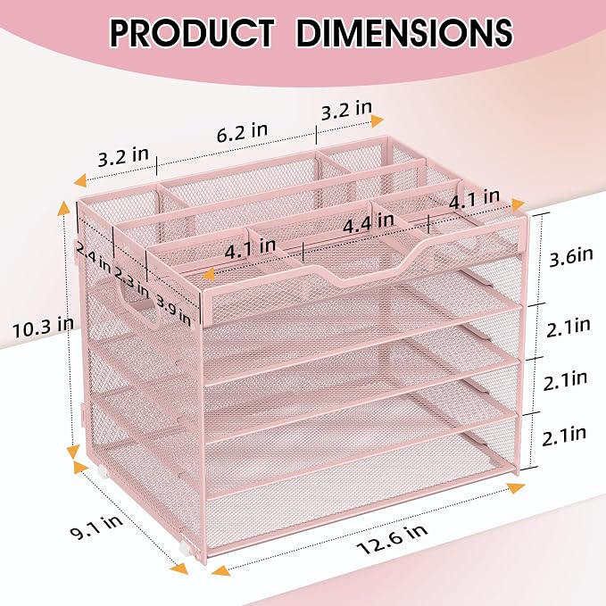 5 Tier Paper Letter Tray with 3 Drop-in Pen Holders, Mesh Desk File Organizer - Image 2