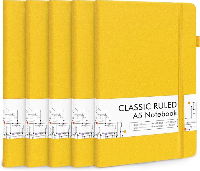 feela 5 Pack Journal Notebook Bulk for School, Hardcover Business Notebooks Classic Ruled Lined Journals with Pen Holder for Work Note Taking, with 5 Black Pens, 120 GSM, 5.1”x8.3”, A5, Yellow-DeskLoop Office