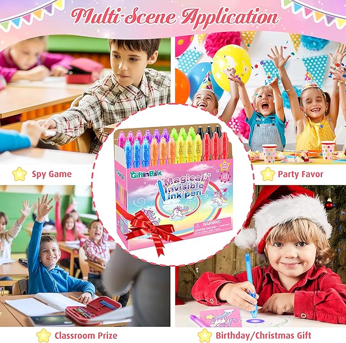 GIFTINBOX Unicorn Party Favors for Kids 4-8, 24Pack Invisible Ink Pen and Notebook, Invisible Ink Spy Pen with UV light for Kids, Classroom Prize Goodie Bag Stuffers Unicorn Toys for Kids Girls-DeskLoop Office